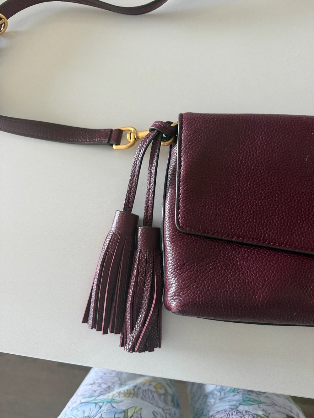 Tory Burch Burgundy Pebbled Leather Crossbody with Tassels